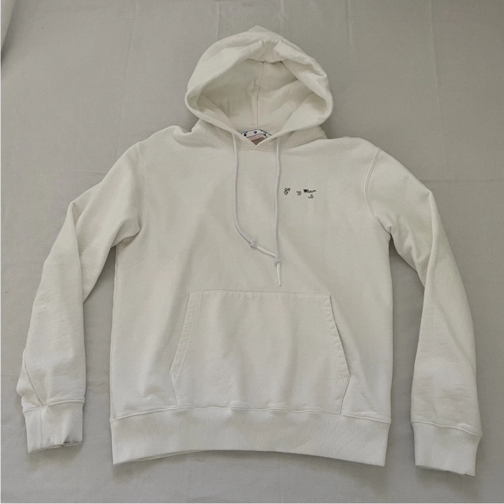 Off-White Mens Large White Pullover Hoodie Hand Logo Cotton Streetwear Designer